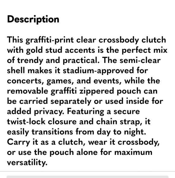 Graffiti Print Clear 2pc Crossbody Clutch w/Studs & Removable Zippered Pouch NEW - Picture 5 of 6